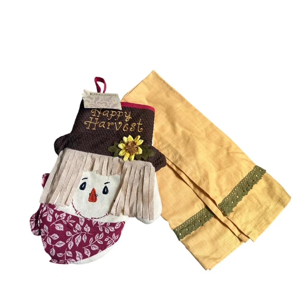 Oven Mitt & Kitchen Towel 2 piece set Decor Harvest Scarecrow Linen Cotton Blend